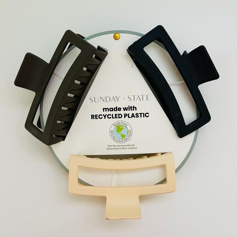 SUNDAY STATE Multi Color Recycled Plastic Rectangular Claw Clip, Set of 3